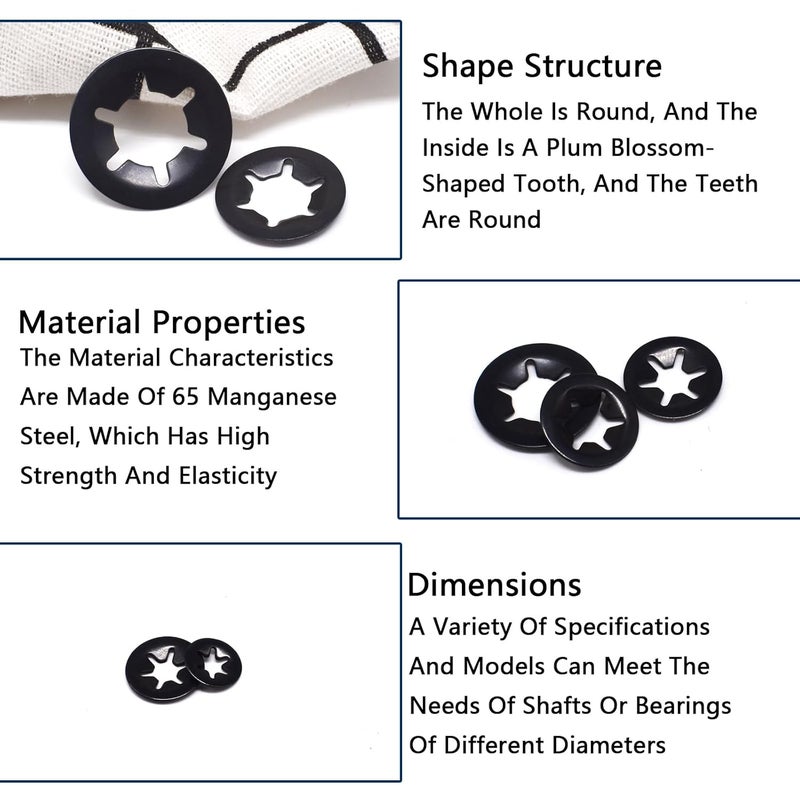 Renashed 340Pcs Internal Tooth Star Lock Washers, M3-M12 Quick Speed Locking Washers Assortment Kit 65Mn Steel Black Oxide Finish Push on Locking Washer, 7 Size - Image 4